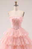 Tulle A-Line Blush Strapless Floral Corset Tiered Homecoming Dress