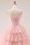 Tulle A-Line Blush Strapless Floral Corset Tiered Homecoming Dress