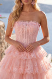 Tulle A-Line Blush Strapless Floral Corset Tiered Homecoming Dress