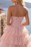 Tulle A-Line Blush Strapless Floral Corset Tiered Homecoming Dress