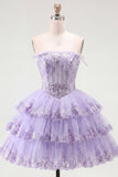 Tulle A-Line Blush Strapless Floral Corset Tiered Homecoming Dress