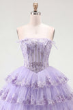 Tulle A-Line Blush Strapless Floral Corset Tiered Homecoming Dress