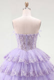 Tulle A-Line Blush Strapless Floral Corset Tiered Homecoming Dress