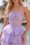 Tulle A-Line Blush Strapless Floral Corset Tiered Homecoming Dress