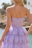 Tulle A-Line Blush Strapless Floral Corset Tiered Homecoming Dress