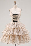Apricot Black Dot A-Line Sweetheart Chiffon Tiered Homecoming Dress with Bow