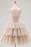Apricot Black Dot A-Line Sweetheart Chiffon Tiered Homecoming Dress with Bow