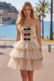 Apricot Black Dot A-Line Sweetheart Chiffon Tiered Homecoming Dress with Bow