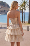 Apricot Black Dot A-Line Sweetheart Chiffon Tiered Homecoming Dress with Bow
