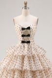 Apricot Black Dot A-Line Sweetheart Chiffon Tiered Homecoming Dress with Bow