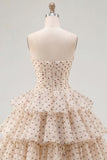 Apricot Black Dot A-Line Sweetheart Chiffon Tiered Homecoming Dress with Bow