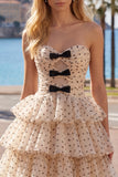 Apricot Black Dot A-Line Sweetheart Chiffon Tiered Homecoming Dress with Bow