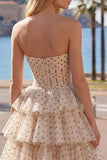 Apricot Black Dot A-Line Sweetheart Chiffon Tiered Homecoming Dress with Bow