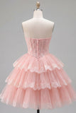 Pink A-Line Sweetheart Tulle Floral Corset Tiered Homecoming Dress