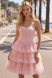 Pink A-Line Sweetheart Tulle Floral Corset Tiered Homecoming Dress