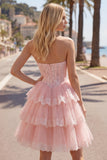 Pink A-Line Sweetheart Tulle Floral Corset Tiered Homecoming Dress