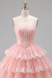 Pink A-Line Sweetheart Tulle Floral Corset Tiered Homecoming Dress