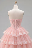 Pink A-Line Sweetheart Tulle Floral Corset Tiered Homecoming Dress
