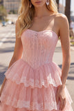 Pink A-Line Sweetheart Tulle Floral Corset Tiered Homecoming Dress