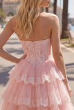 Pink A-Line Sweetheart Tulle Floral Corset Tiered Homecoming Dress