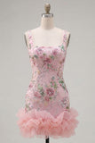 Pink Square Neck Bodycon Floral Sequins Homecoming Dress with Ruffles