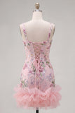 Pink Square Neck Bodycon Floral Sequins Homecoming Dress with Ruffles