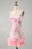 Pink Square Neck Bodycon Floral Sequins Homecoming Dress with Ruffles