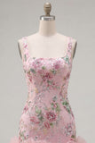 Pink Square Neck Bodycon Floral Sequins Homecoming Dress with Ruffles