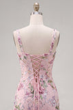 Pink Square Neck Bodycon Floral Sequins Homecoming Dress with Ruffles