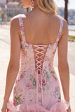 Pink Square Neck Bodycon Floral Sequins Homecoming Dress with Ruffles