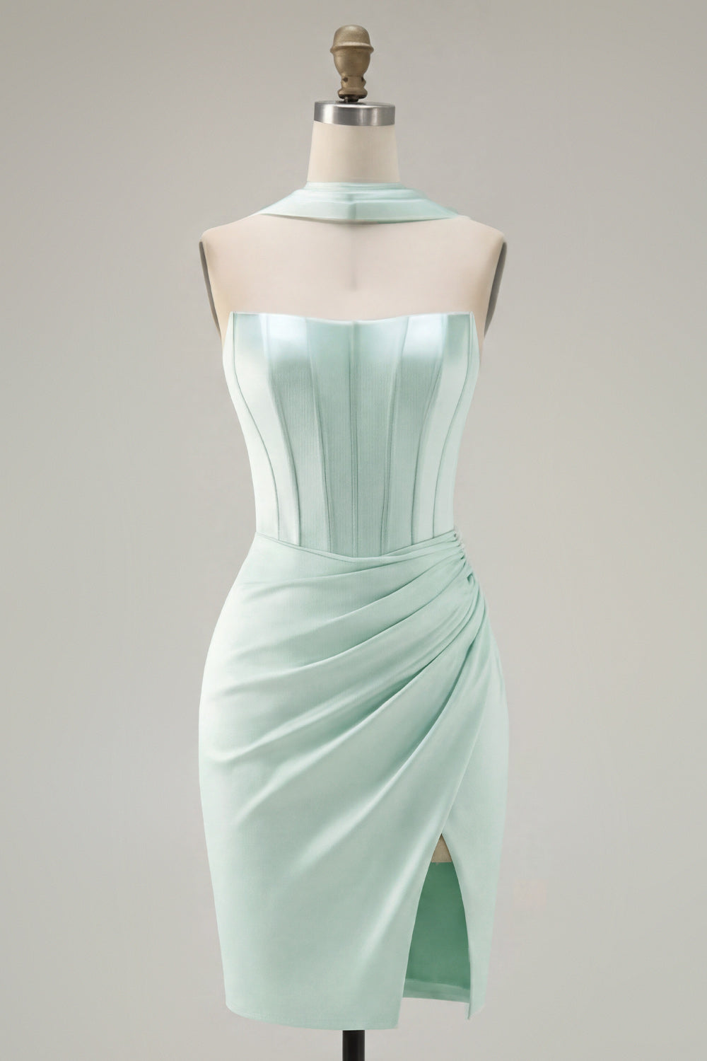 Zapaka Women Mint Homecoming Dress with Slit Strapless Bodycon Corset Cocktail Dress with Neck Scarf, Mint / US8