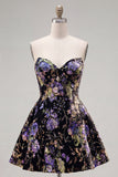 Sweetheart Black A-Line Floral Homecoming Dress with Sequins