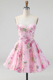 Pink Strapless A-Line Sequin Floral Homecoming Dress with Lace Up Back