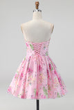 Pink Strapless A-Line Sequin Floral Homecoming Dress with Lace Up Back