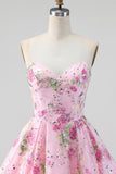 Pink Strapless A-Line Sequin Floral Homecoming Dress with Lace Up Back