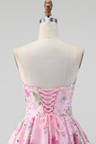 Pink Strapless A-Line Sequin Floral Homecoming Dress with Lace Up Back