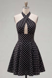 Black White Dot A-Line Halter Neck Cut Out Homecoming Dress