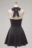 Black White Dot A-Line Halter Neck Cut Out Homecoming Dress