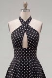 Black White Dot A-Line Halter Neck Cut Out Homecoming Dress