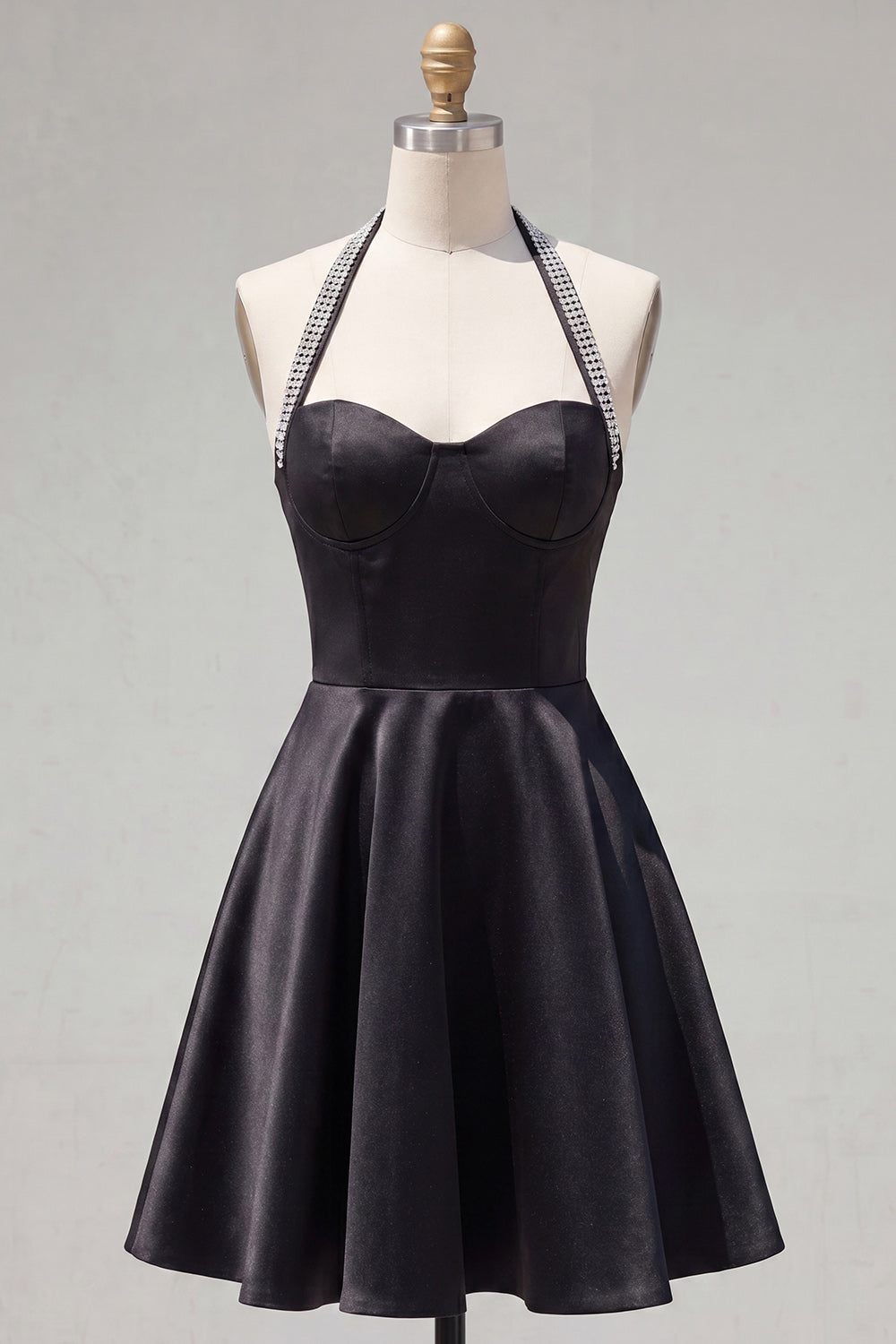 black halter homecoming dress Neck Rosette Fitted Mini Party Dress US12 / Black size short halter party dress for homecoming with deep v Black Rhinestone Halter Maxi Dress