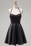 Black A-Line Halter Neck Satin Homecoming Dress with Beading