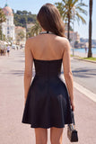 Black A-Line Halter Neck Satin Homecoming Dress with Beading