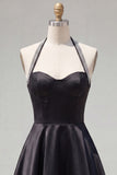 Black A-Line Halter Neck Satin Homecoming Dress with Beading