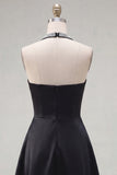 Black A-Line Halter Neck Satin Homecoming Dress with Beading