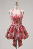 Red Flower A-Line Halter Neck Homecoming Dress with Bow