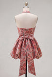 Red Flower A-Line Halter Neck Homecoming Dress with Bow