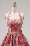 Red Flower A-Line Halter Neck Homecoming Dress with Bow