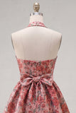 Red Flower A-Line Halter Neck Homecoming Dress with Bow