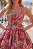 Red Flower A-Line Halter Neck Homecoming Dress with Bow