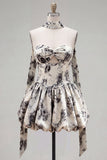 White Black Flower A-Line Sweetheart Homecoming Dress with Neck Scarf